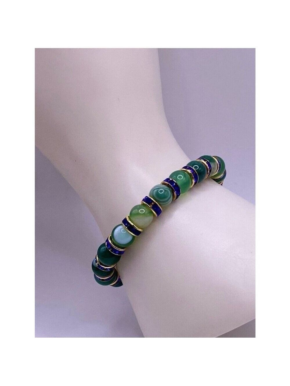 Round Green Bead Bracelet Sapphire & Gold Color Spacers Size: Small Wrist